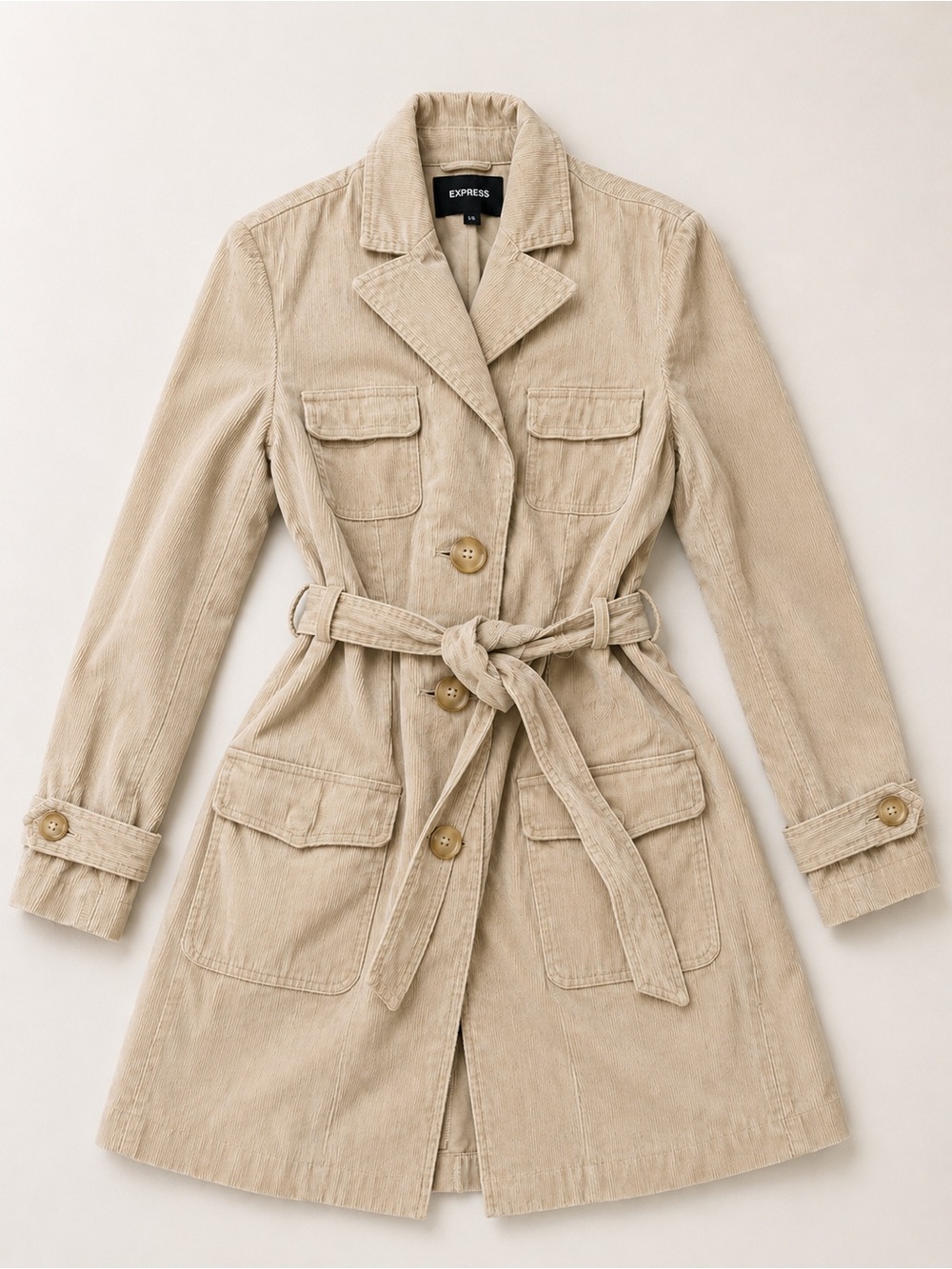 Express Beige Corduroy Belted Trench Jacket - Picture 3 of 6
